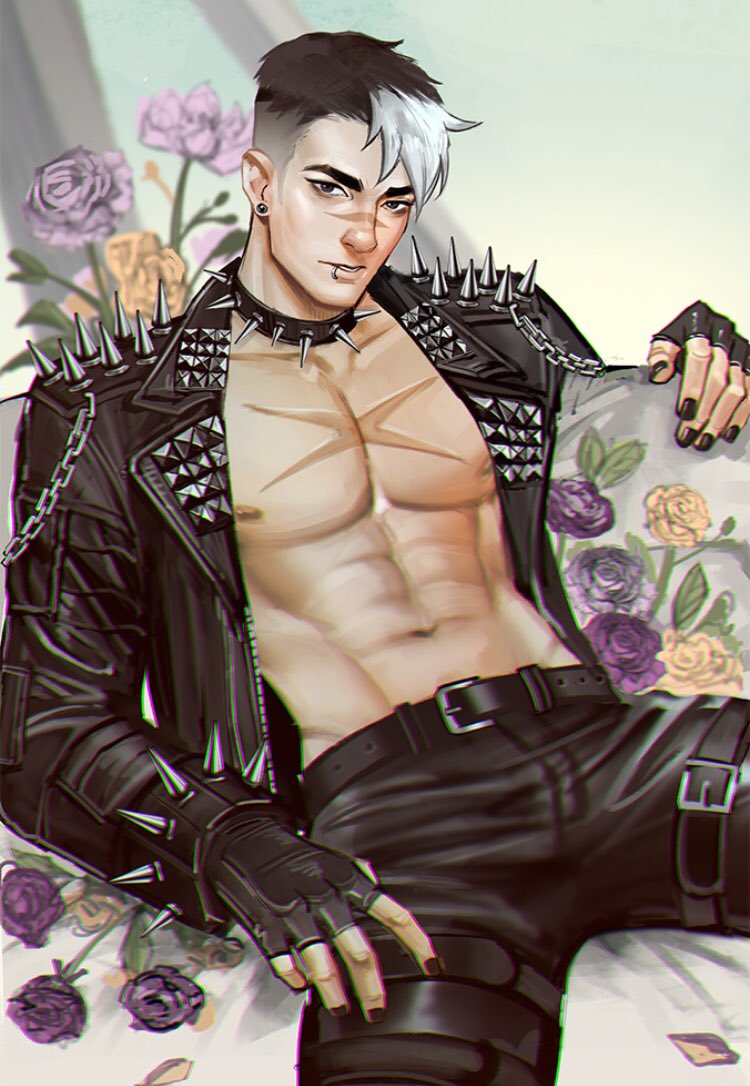 1boy abs alternate_costume arm_up bare_pectorals belt belt_buckle black_belt black_collar black_eyes black_gloves black_hair black_nails black_pants bracelet buckle chain collar collarbone commentary earrings english_commentary face_piercing fingerless_gloves flower gloves groin jacket jewelry lapels leaf leaning leaning_back leather leather_jacket leather_pants lip_piercing looking_ahead male_focus mistermagnolia multicolored_hair nail_polish navel nipples open_clothes open_jacket pants pectorals petals piercing purple_flower purple_rose rose scar scar_on_face short_hair shoulder_spikes solo spiked_bracelet spiked_collar spikes stud_earrings takashi_shirogane thigh_belt thigh_strap voltron:_legendary_defender voltron_(series) white_hair yellow_flower yellow_rose