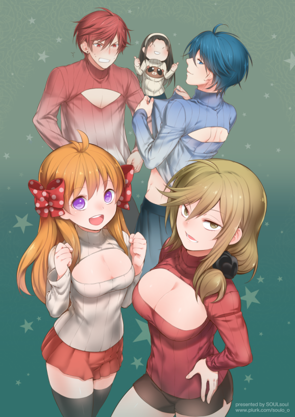 10s 1boy 4girls black_hair black_legwear blonde_hair blue_eyes blue_hair bow breasts brown_hair cleavage cleavage_cutout clothing_cutout gekkan_shoujo_nozaki-kun hair_bow hairband hand_on_own_hip kashima_yuu large_breasts medium_breasts meme_attire mikoshiba_mikoto miyako_yukari multiple_girls open-chest_sweater open_mouth orange_hair polka_dot polka_dot_bow purple_eyes red_eyes red_hair reverse_trap ribbed_sweater sakura_chiyo scrunchie seo_yuzuki short_shorts shorts skirt smile soul_(tamashii) star_(symbol) sweater tanuki thighhighs thumbs_up turtleneck wardrobe_error yellow_eyes zettai_ryouiki