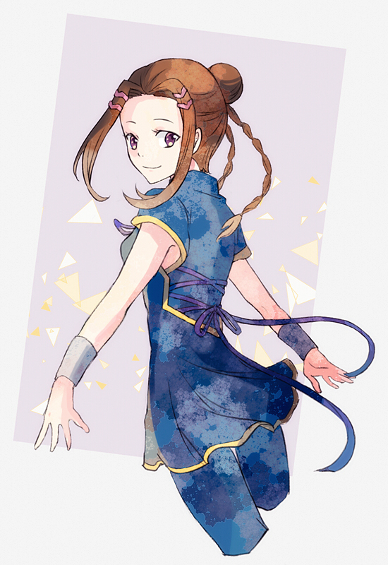 1girl bad_id bad_pixiv_id bracer braid brown_hair dress female_focus hair_bun hair_ornament hairclip hayuki106 looking_back purple_eyes rio_meilong single_hair_bun smile solo super_robot_wars twin_braids