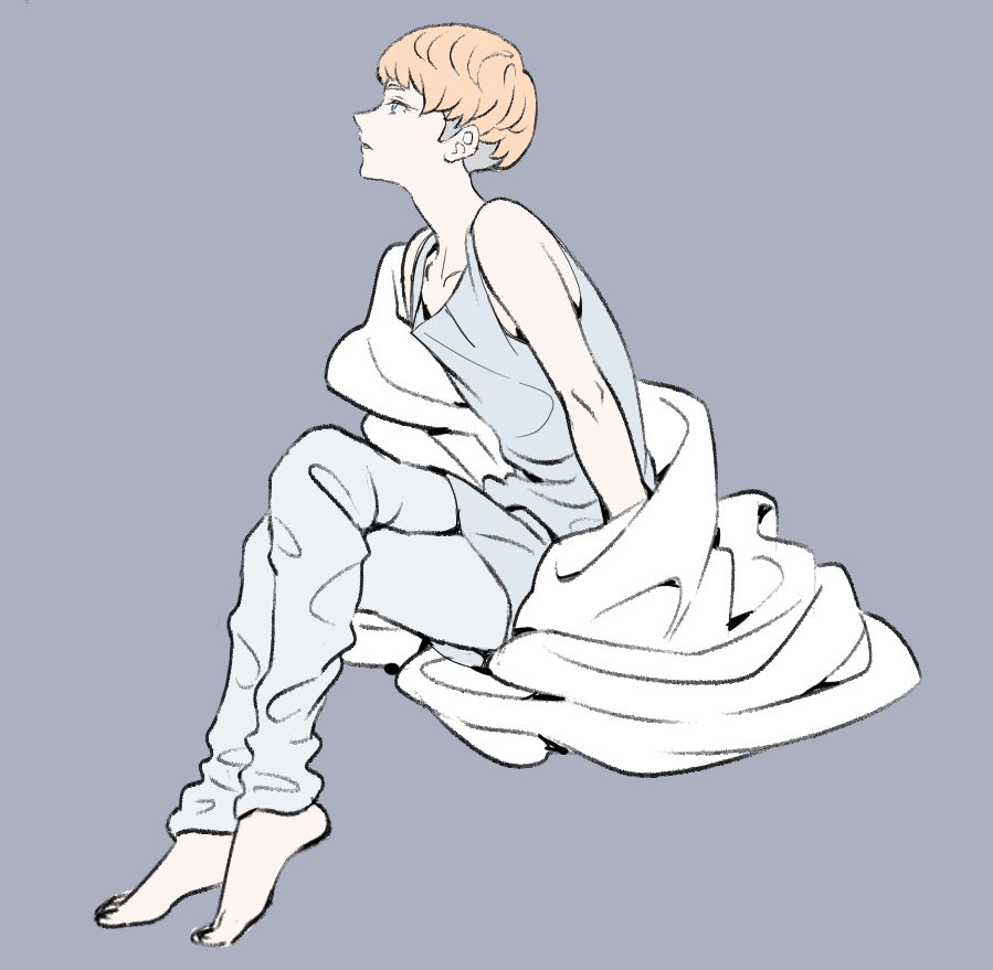 1boy asuka_ryou bare_shoulders barefoot blanket blonde_hair blue_eyes capri_pants chinese_commentary collarbone commentary_request devilman devilman_crybaby full_body grey_background grey_pants grey_tank_top huziqunzi male_focus pants parted_lips profile short_hair simple_background solo tank_top