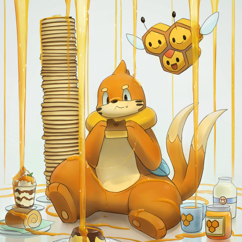 bottle buizel cake combee cup eating food food_on_body gen_4_pokemon guodon honey milk milk_bottle moomoo_milk multiple_tails nintendo no_humans pancake pokemon pokemon_(creature) pudding simple_background smile swiss_roll tail white_background wings