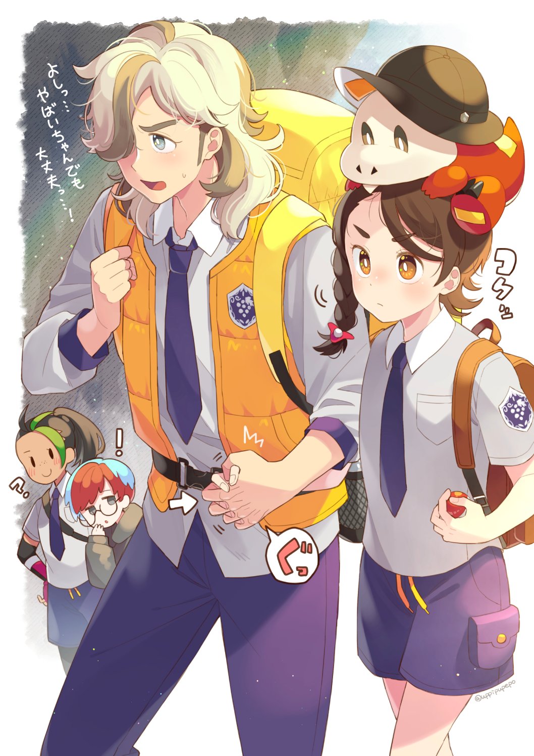 ! 1boy 3girls ? arven_(pokemon) backpack bag black_hair blue_eyes blue_hair braid brown_eyes brown_hair collared_shirt commentary_request dark-skinned_female dark_skin fuecoco glasses grey_eyes hair_over_one_eye highres holding_hands juliana_(pokemon) multicolored_hair multiple_girls necktie nemona_(pokemon) nintendo pants penny_(pokemon) poke_ball pokemon pokemon_(creature) pokemon_sv ponytail purple_pants purple_shorts red_hair round_eyewear school_uniform shirt shorts side_braid translated two-tone_hair uppi uva_academy_school_uniform vest yellow_vest