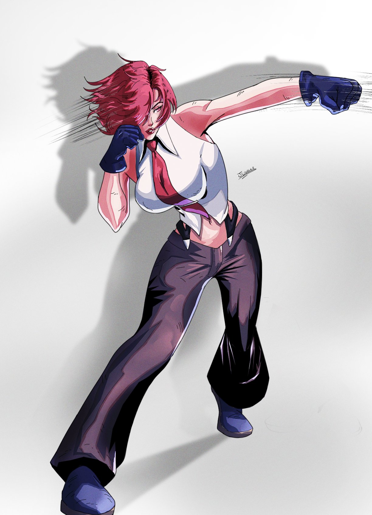black_gloves boxing breasts brown_pants gloves highres juggler_(sun_juggler) large_breasts mature_female navel necktie pants red_eyes red_hair shirt short_hair sleveless_shirt snk sun_juggler the_king_of_fighters vanessa_(kof) white_shirt