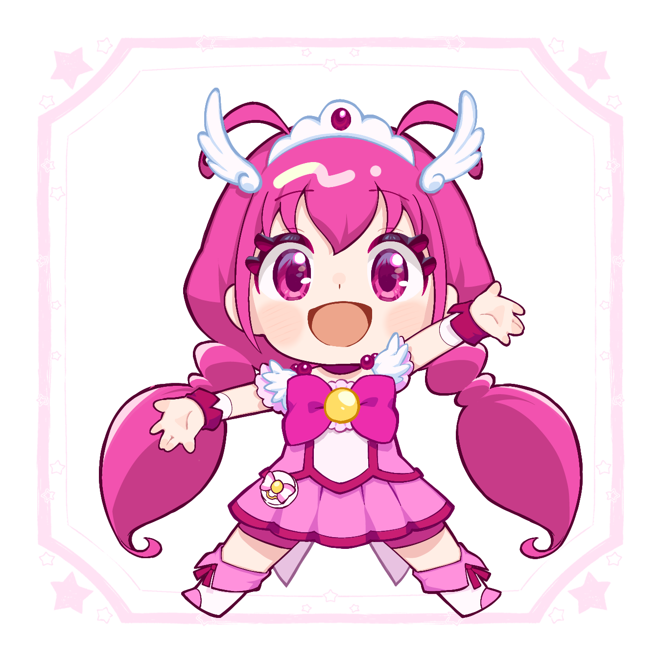 1girl antenna_hair bike_shorts bike_shorts_under_skirt blush boots bow bowtie brooch chibi choker cure_happy hair_ornament highres hoshizora_miyuki jewelry long_hair low_twintails magical_girl open_mouth pink_boots pink_bow pink_bowtie pink_choker pink_eyes pink_hair pink_shirt pink_shorts pink_skirt plv_276 precure shirt short_sleeves shorts skirt smile_precure! solo tiara twintails wing_hair_ornament wrist_cuffs