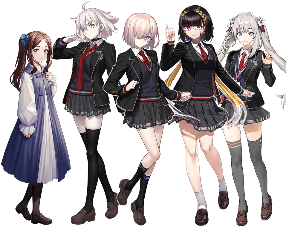 black_hair black_jacket black_skirt blue_cardigan blue_dress blue_eyes bow braid brown_hair buttons cardigan collared_shirt crown_braid dress fate/grand_order fate_(series) flower full_body ginka_sima glasses grey_hair hair_bow hair_flower hair_ornament id_(fate/grand_order) jacket leonardo_da_vinci_(fate/grand_order) leonardo_da_vinci_(rider)_(fate) leonardo_da_vinci_(sister)_(fate) loafers long_hair long_sleeves looking_at_viewer moriyama_daisuke necktie official_art osakabe_himeko osakabehime_(fate) outline pink_hair pleated_skirt purple_eyes red_necktie school_uniform second-party_source shirt shoes short_hair side_ponytail simosi skirt socks standing takeuchi_takashi thighhighs transparent_background twintails white_outline white_shirt yellow_eyes