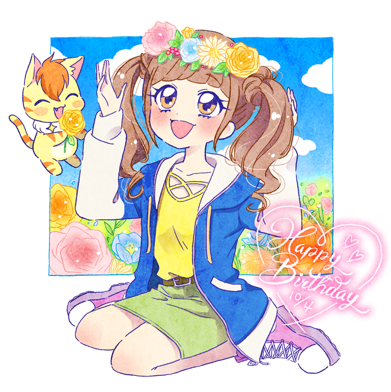 1girl blunt_bangs blush brown_eyes brown_hair closed_eyes commentary_request day eyelashes flower hair_ornament happy_birthday head_wreath healin&#039;_good_precure healing_animal heart hiramitsu_hinata hoppetoonaka3 nyatoran_(precure) open_mouth precure rose shirt skirt smile twintails yellow_flower yellow_rose yellow_shirt