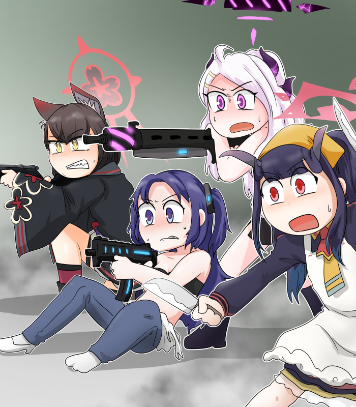 4girls ahoge aiming alternate_costume animal_ears apron arisaka black_hair blue_archive blunt_bangs bolt_action c/h commentary demon_girl demon_horns dual_wielding english_commentary fighting_stance fox_ears fox_girl fuuka_(blue_archive) gun hair_between_eyes hair_ornament hairclip halo headpiece hina_(blue_archive) holding holding_gun holding_weapon horns kitchen_knife long_hair long_sleeves machine_gun mg42 midriff multiple_girls ponytail purple_eyes purple_hair red_eyes rifle sidelocks sig_mpx sitting submachine_gun surprised twintails two_side_up wakamo_(blue_archive) weapon white_hair yellow_eyes yuuka_(blue_archive)