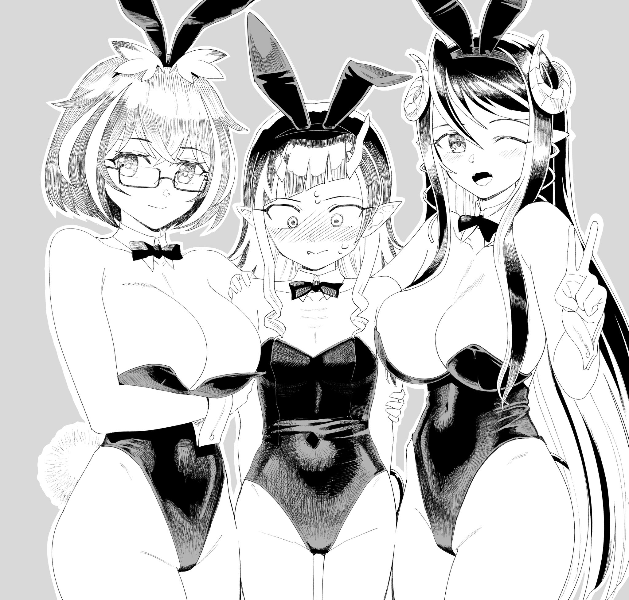 3girls alternate_costume animal_ears arm_under_breasts blush bow bowtie breast_envy breasts buren cleavage closed_mouth commentary_request cowboy_shot curled_horns demon_girl demon_horns demon_tail detached_collar fake_animal_ears fake_tail fang flat_chest glasses greyscale hair_between_eyes hand_on_another's_shoulder hebiyoi_tier highres horns large_breasts leotard long_hair looking_at_viewer monochrome multicolored_hair multiple_girls nanashi_inc. open_mouth oura_rukako playboy_bunny pointy_ears rabbit_ears rabbit_tail rectangular_eyewear semi-rimless_eyewear shishio_chris sidelocks simple_background smile strapless strapless_leotard tail two-tone_hair under-rim_eyewear virtual_youtuber wrist_cuffs