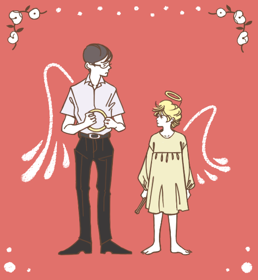 2boys aged_down angel_wings black_hair blonde_hair eye_contact floral_border full_body glasses halo kawabuchi_sentarou looking_at_another male_focus multiple_boys nishimi_kaoru red_background robe sakamichi_no_apollon short_hair simple_background slyvk time_paradox wavy_hair wings