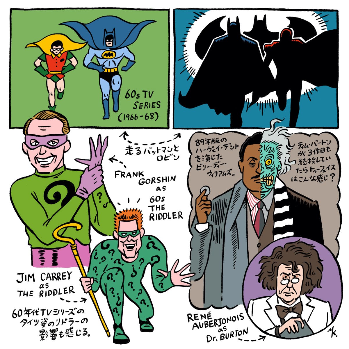 1966 1995 ? adam_west bat_mask bat_wings batman batman_(1966_tv_series) batman_(series) batman_forever black_hair blue_skin blue_suit bow bowtie brown_hair burned cape cinemore coat coin colored_skin dark_skin dc_comics doctor facial_hair formal_clothes glasses gloves green_mask green_suit hero_suit highres jacket jim_carrey mask messy_hair multicolored_hair multicolored_jacket multicolored_skin mustache necktie orange_hair purple_gloves purple_mask question_mark_print red_suit robin_(dc) running scarf smile striped_clothes striped_scarf suit superhero_costume the_riddler tim_burton two-face two-tone_hair two-tone_jacket two-tone_skin warner_bros white_hair wings