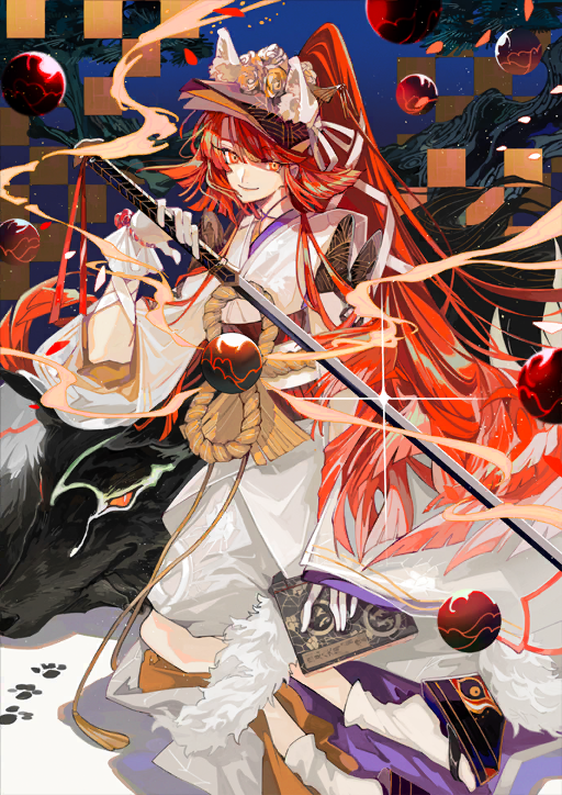 1girl animal animal_ears arm_at_side black_dog blunt_bangs blunt_ends book closed_mouth diffraction_spikes dog dog_ears dog_tail endo_(takolegs) fake_animal_ears fake_tail fate/grand_order fate_(series) game_cg glint gloves hair_ornament hair_ribbon hand_up high_ponytail holding holding_book holding_sword holding_weapon japanese_clothes katana kimono kneeling kyokutei_bakin_(fate) kyokutei_bakin_(third_ascension)_(fate) long_hair long_sleeves looking_at_viewer official_art okobo orange_eyes orb paw_print platform_sandals ponytail red_hair ribbon rope rope_belt sandals sash smile socks solo sword tabi tail third-party_source very_long_hair weapon white_gloves white_kimono white_ribbon white_socks wide_sleeves yatsufusa_(fate)