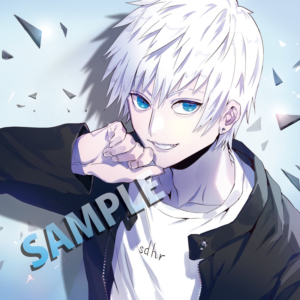 1boy black_sweater blue_eyes grin long_sleeves looking_at_viewer male_focus original puppeteer7777 shirt short_hair simple_background smile solo sweater upper_body white_hair white_shirt