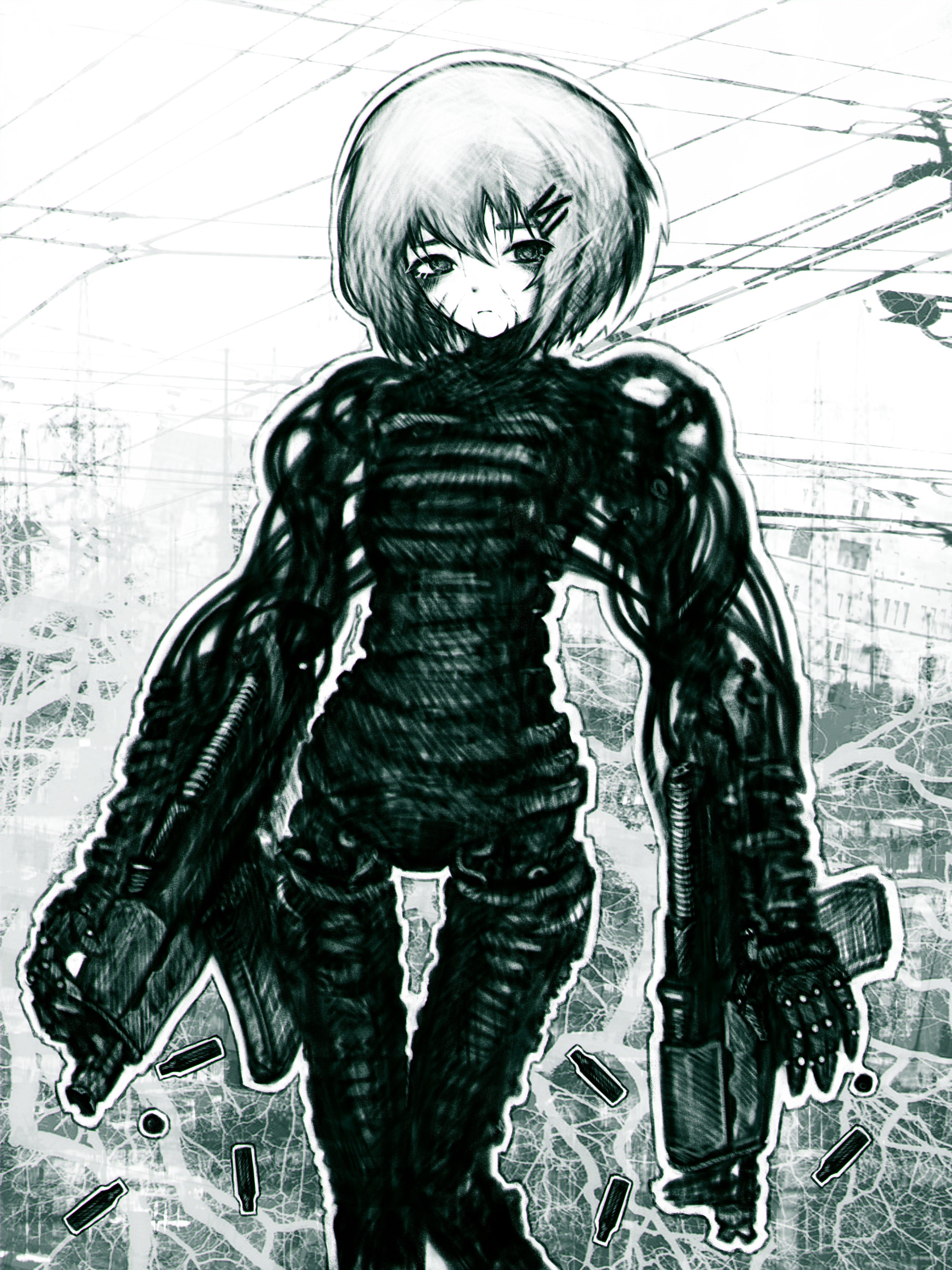 11e10 1girl abstract_background absurdres android arm_mounted_weapon breasts cable cyberpunk dual_wielding faux_traditional_media feet_out_of_frame green_theme gun hair_ornament hairclip hashtag-only_commentary high_contrast highres holding joints knees_together_feet_apart looking_at_viewer marie_(peripeteia) mechanical_arms mechanical_hands mechanical_legs monochrome outline peripeteia power_lines robot_joints sad scar scar_on_face science_fiction shell_casing short_hair small_breasts solo standing weapon white_outline