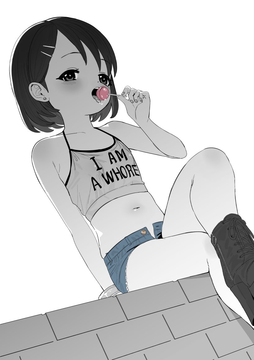 1girl arm_support blue_shorts blush boots buta_tsuzumi candy check_commentary chupa_chups commentary_request crop_top crossed_legs denim denim_shorts earrings english_text female_focus flat_chest food greyscale hair_ornament hairclip half-closed_eyes hand_up high_heel_boots high_heels holding holding_candy holding_food idolmaster idolmaster_cinderella_girls jewelry legs loli lollipop looking_at_viewer midriff monochrome nail_polish navel open_mouth partially_colored saliva sasaki_chie sexually_suggestive short_hair short_shorts shorts sitting solo thighs tongue tongue_out white_background