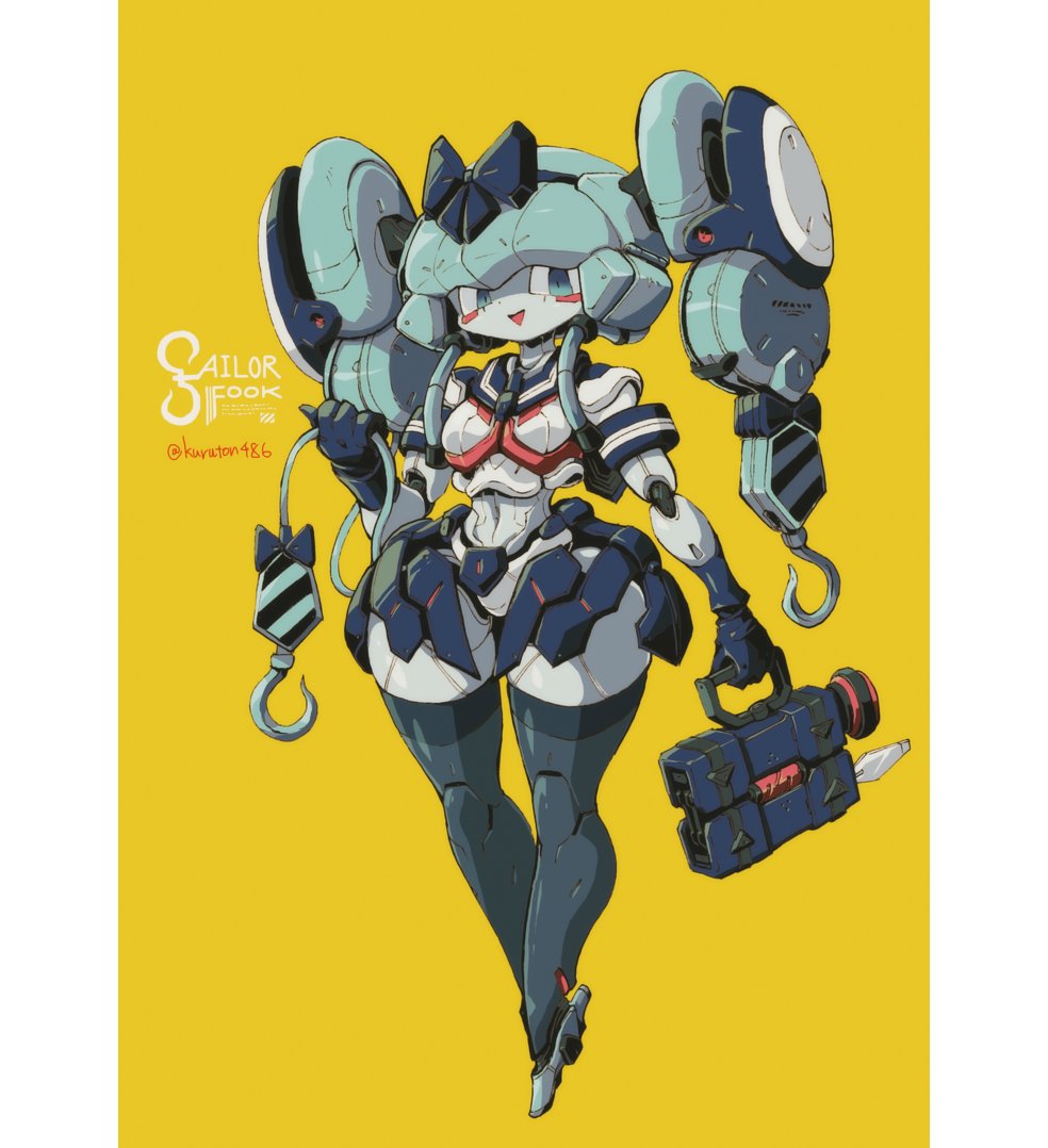 1girl blue_bow blue_eyes bow cable holding holding_cable hook humanoid_robot kuruton486 looking_at_viewer original pillarboxed robot science_fiction smile solo twitter_username yellow_background