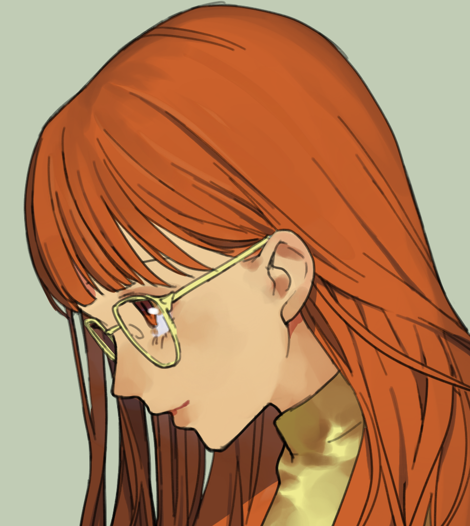 1girl character_request check_character check_copyright closed_mouth copyright_request dated_commentary from_side glasses green_background light_smile long_hair looking_afar orange_eyes orange_hair persona persona_5 portrait profile sakauchi_waka sakura_futaba shirt simple_background solo turtleneck yellow-framed_eyewear yellow_shirt