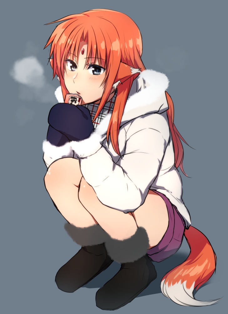 00s 1girl animal_ears arf bad_id bad_pixiv_id black_boots blue_eyes blush boots breath can coat drink_can female_focus forehead_jewel full_body fur_trim hood hood_down hooded_jacket jacket long_hair looking_at_viewer lyrical_nanoha mahou_shoujo_lyrical_nanoha mittens nagashiro_rouge orange_hair parted_bangs plaid red_hair shorts simple_background soda_can solo squatting tail winter_clothes