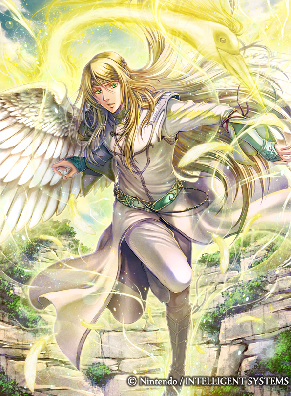 1boy bird blonde_hair circlet commentary_request company_name fire_emblem fire_emblem:_radiant_dawn fire_emblem_cipher glowing green_eyes heron laguz_(fire_emblem) long_hair male_focus nintendo official_art outdoors parted_lips pointy_ears reyson_(fire_emblem) solo takaya_tomohide very_long_hair wings