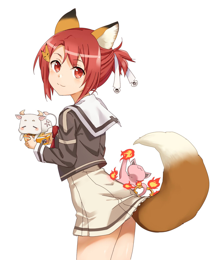 1girl :3 animal animal_ears blouse cat cow cowboy_shot cup_ramen donbee_(food) female_focus fire fox_ears fox_hair_ornament fox_tail from_side grey_shirt hair_ribbon holding holding_animal instant_ramen looking_back miniskirt ponytail red_eyes red_hair ribbon school_uniform serafuku shikou_sakugo_(qqap9gt9k) shirt short_hair short_ponytail simple_background single_horizontal_stripe skirt solo standing tail white_background white_ribbon white_skirt yuuki_yuuna yuuki_yuuna_wa_yuusha_de_aru yuusha_de_aru