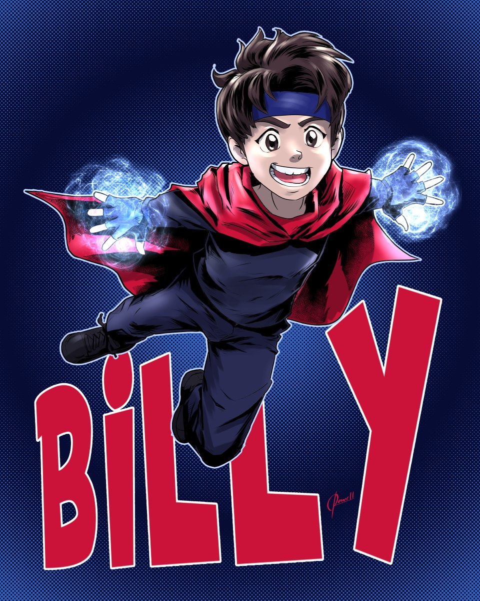 1boy animification billy_maximoff black_pants black_shirt brown_eyes brown_hair cape character_name child commentary commission english_commentary fingerless_gloves gloves highres male_focus marvel marvel_cinematic_universe pants red_cape rowellcruz_art shirt shoelaces shoes short_hair smile teeth wandavision wiccan