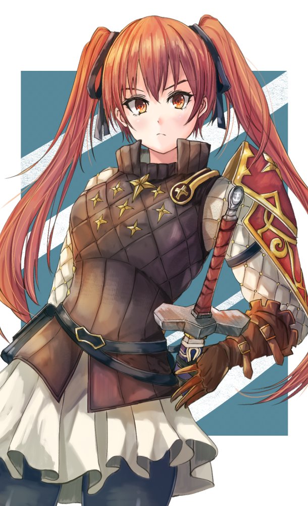 armor belt black_belt closed_mouth commentary fire_emblem fire_emblem_awakening fire_emblem_fates frown fuussu_(21-kazin) gambeson gloves hair_ribbon hand_on_weapon leather leather_gloves looking_at_viewer multiple_belts nintendo red_eyes red_hair ribbon selena_(fire_emblem_fates) severa_(fire_emblem) shoulder_armor skirt sword tsundere twintails weapon