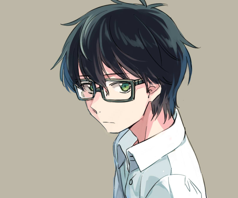1boy asada_hachi black-framed_eyewear black_hair brown_background closed_mouth collared_shirt commentary_request glasses green_eyes hair_between_eyes kiriyama_rei looking_at_viewer male_focus rectangular_eyewear sangatsu_no_lion school_uniform shirt short_hair simple_background solo upper_body white_shirt