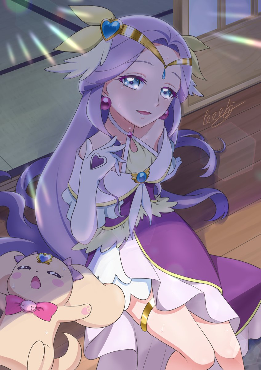 blue_eyes brooch cure_earth dog dress elbow_gloves forehead fuurin_asumi gloves hair_ornament head_wings healin&#039;_good_precure heart heart_hair_ornament house jewelry latte_(precure) leaf_hair_ornament looking_at_viewer open_mouth outdoors precure purple_dress purple_hair signature sitting sleeping sliding_doors tatami tiara tiler_(tiler00) wavy_hair white_gloves wings wooden_floor