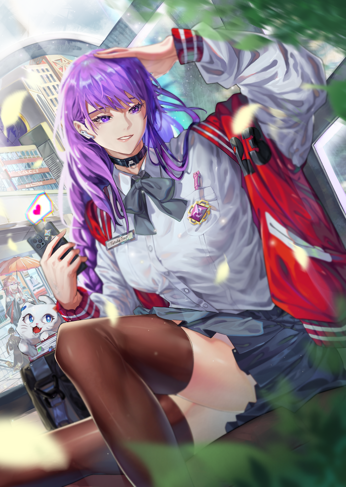 1boy 2girls alternate_costume black_choker black_neckerchief blue_skirt book brown_thighhighs cat character_request choker city commentary contemporary earphones electro_symbol_(genshin_impact) english_commentary falling_leaves genshin_impact hair_over_shoulder hand_on_own_head heart highres holding holding_phone holding_umbrella jacket leaf long_hair low-braided_long_hair low-tied_long_hair miuweter7 multiple_girls neckerchief outdoors paimon_(genshin_impact) parted_lips pen phone primogem purple_eyes purple_hair raiden_shogun red_jacket school_uniform serafuku shirt sitting skirt solo_focus spoken_heart teeth thighhighs umbrella white_shirt yae_miko zhongli_(genshin_impact)