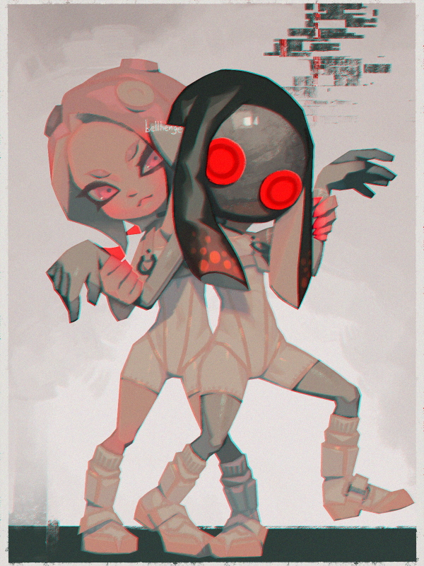 2girls :&lt; agent_8_(splatoon) arm_up artist_name bellhenge black_hair bodysuit boots border closed_mouth colored_skin commentary english_commentary full_body glitch grey_hair grey_skin holding_another&#039;s_wrist jelleton kneehighs long_hair looking_at_another mask multicolored_hair multiple_girls nintendo octoling octoling_girl octoling_player_character parallel_canon_(splatoon) pink_eyes pointy_ears red_eyes red_hair sleeveless sleeveless_bodysuit socks splatoon_(series) splatoon_3 splatoon_3:_side_order standing standing_on_one_leg suction_cups tentacle_hair two-tone_hair white_bodysuit white_border white_footwear white_socks