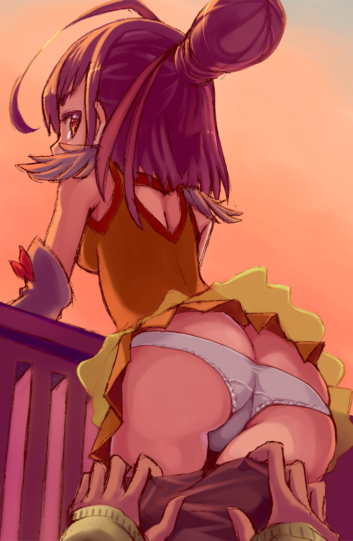 10s 1girl ass assisted_exposure bad_id bad_pixiv_id brown_eyes brown_hair clothes_pull cure_sunny dress from_behind hino_akane_(smile_precure!) looking_back orange_theme panties pants pants_pull pantsing pantyshot potepote precure pulling_another&#039;s_clothes red_shorts shorts skirt smile_precure! solo_focus underwear upskirt