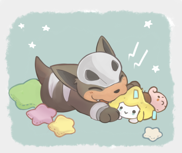 animal_focus biting_stuffed_toy border closed_eyes fangs full_body gen_2_pokemon gen_3_pokemon houndour jirachi konanbo legendary_pokemon mythical_pokemon nintendo no_humans pokemon pokemon_(creature) star-shaped_pillow stuffed_animal stuffed_toy white_border