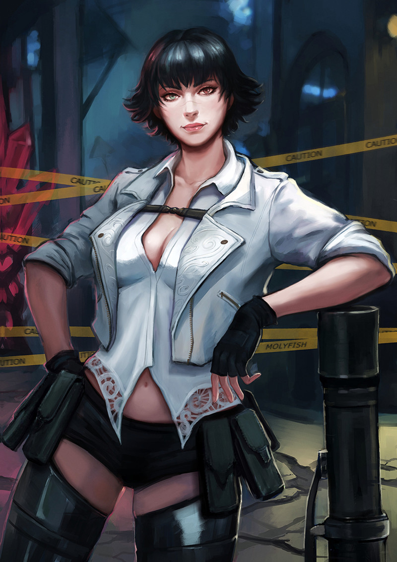 1girl arm_rest artist_name black_boots black_gloves black_hair black_leg_warmers black_shorts bob_cut boots breasts caution_tape cleavage commentary devil_may_cry_(series) devil_may_cry_5 english_commentary english_text fingerless_gloves gloves heterochromia jacket lady_(devil_may_cry) leg_warmers molyfish navel rocket_launcher scar scar_on_face scar_on_nose shirt short_hair shorts small_breasts smile solo weapon white_jacket white_shirt