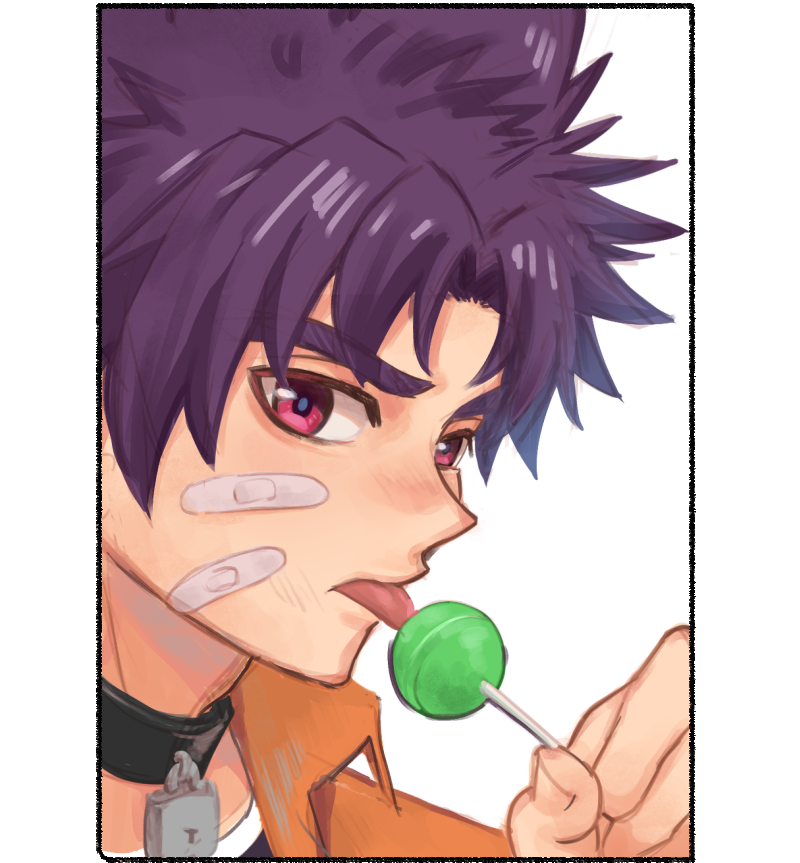 1boy bandaid bandaid_on_face black_border black_collar border camp_buddy candy collar collared_shirt cseighteen food licking lollipop looking_at_viewer male_focus orange_shirt portrait purple_eyes purple_hair shirt solo tongue tongue_out white_background yukimura_yoichi