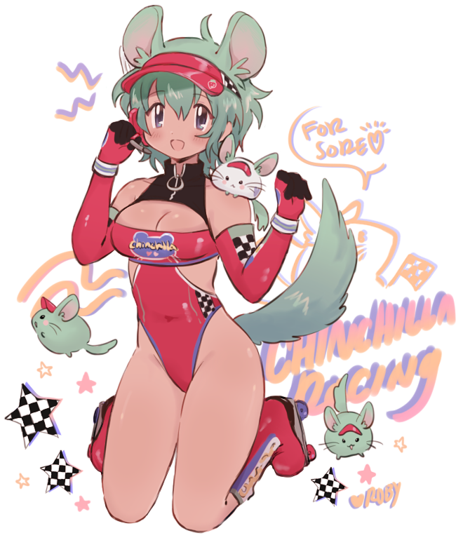 1girl animal ashton_marten_(vtuber) blue_eyes borrowed_character breasts checkered_flag chinchilla_(animal) chinchilla_ears chinchilla_girl chinchilla_tail cleavage_cutout clothing_cutout elbow_gloves english_text flag full_body gloves green_hair hands_up hat headset indie_virtual_youtuber kneeling lapithai leotard looking_at_viewer medium_breasts medium_hair microphone o-ring open_mouth red_footwear red_gloves red_hat red_leotard roller_skates simple_background sitting skates sleeveless solo star_(symbol) virtual_youtuber visor_cap wariza white_background