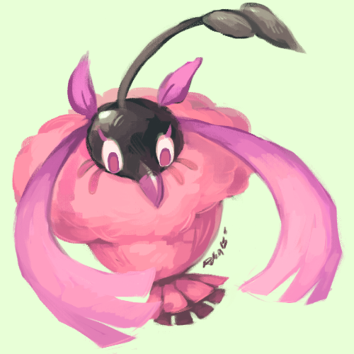 commentary creature english_commentary full_body gen_4_pokemon lowres nintendo no_humans pink_theme pokemon pokemon_(creature) purple_eyes rubin signature simple_background solo wormadam wormadam_(trash) yellow_background