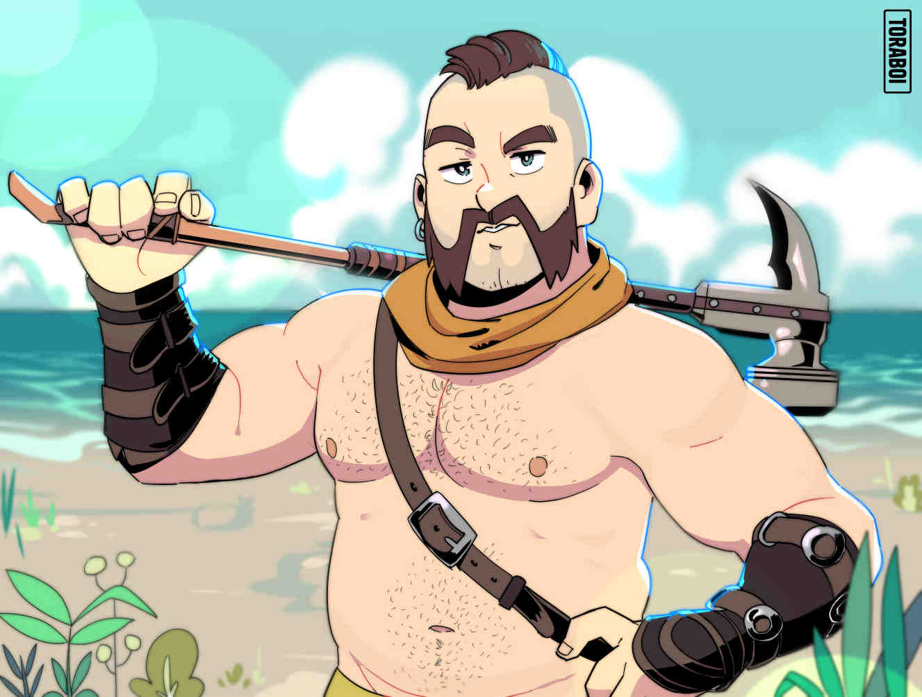 1boy bara beard belly black_hair blue_eyes commission connected_beard cowboy_shot erend facial_hair hairy horizon_(video_game) horizon_forbidden_west large_pectorals looking_at_viewer male_focus mature_male muscular muscular_male mutton_chops navel navel_hair nipples ocean over_shoulder pectorals sideburns solo sparse_chest_hair sparse_navel_hair standing stomach thick_eyebrows topless_male toraboi undercut vambraces water weapon weapon_over_shoulder