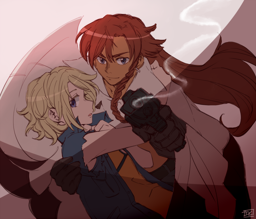 artist_request blonde_hair blue_eyes dark-skinned_female dark_skin el_cazador_de_la_bruja ellis ellis_(el_cazador_de_la_bruja) gun interracial long_hair multiple_girls nadie poncho purple_eyes red_hair short_hair smog vest weapon