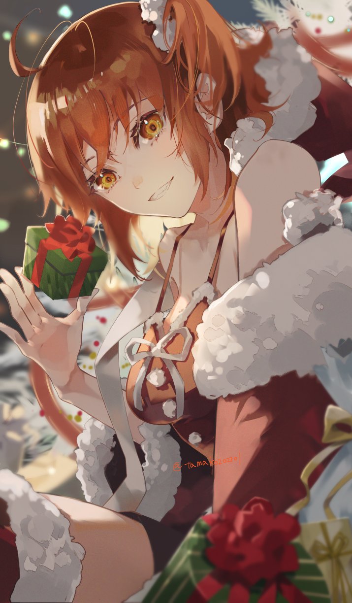1girl ahoge breasts christmas christmas_present dress fate/grand_order fate_(series) fujimaru_ritsuka_(female) fur-trimmed_dress fur_trim gift hair_between_eyes hair_ornament hair_scrunchie hanako_(onikutabetaiyo) hat highres holding holding_gift jacket long_sleeves looking_at_viewer medium_breasts off_shoulder one_side_up orange_eyes orange_hair red_dress red_hat ribbon santa_costume santa_dress santa_hat scrunchie short_hair side_ponytail smile unworn_headwear white_ribbon white_scrunchie