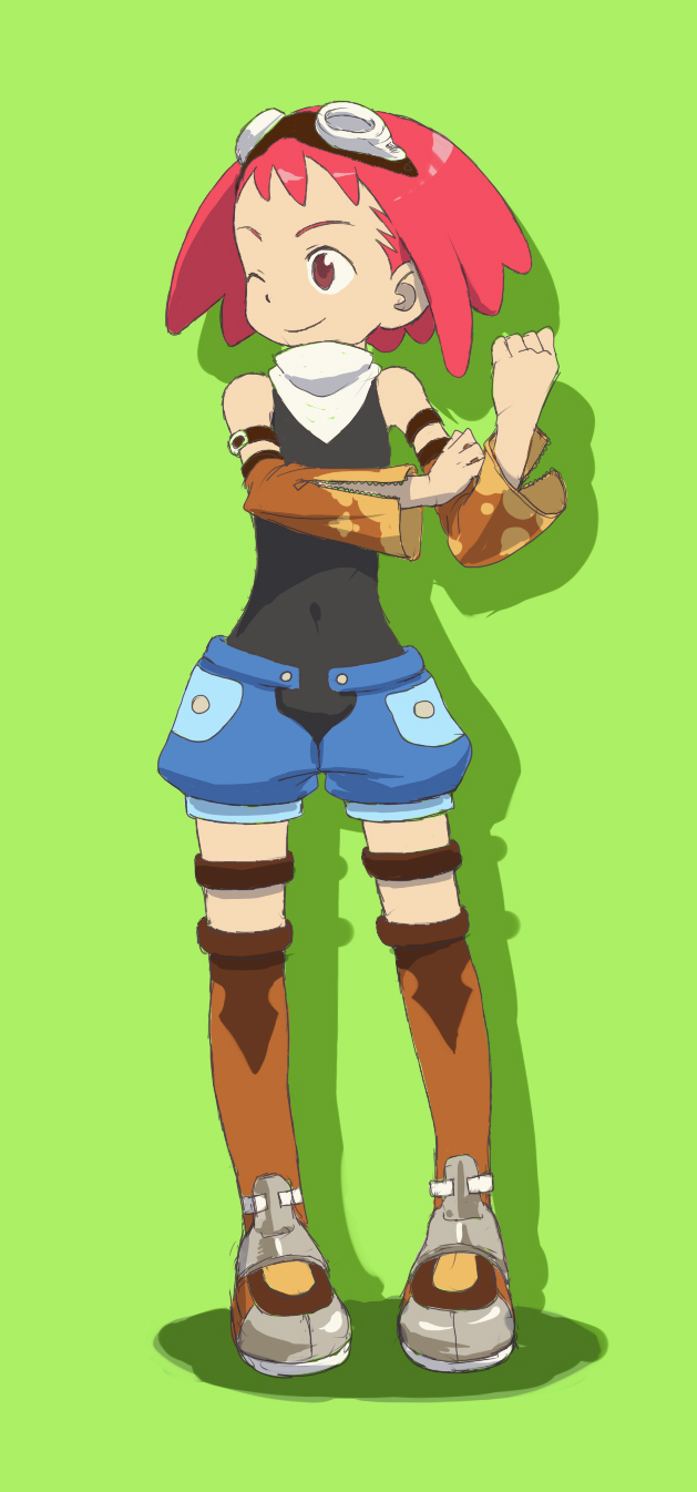 1girl aero_(mega_man) capcom closed_mouth detached_sleeves goggles goggles_on_head green_background highres long_hair mega_man_(series) mega_man_legends_(series) mega_man_legends_3 one_eye_closed pink_hair red_eyes shorts simple_background smile solo thighhighs yamamoto_souichirou