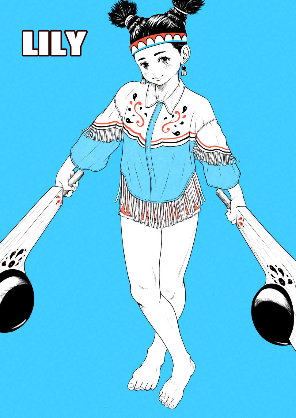1girl barefoot big_body blush character_name closed_mouth club_(weapon) earrings full_body greyscale headband highres holding holding_weapon jewelry lily_hawk looking_at_viewer monochrome native_american shorts simple_background smile solo spot_color street_fighter street_fighter_6 twintails weapon