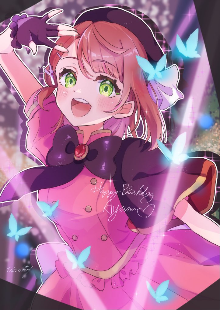 1girl :d arm_up beret black_bow black_bowtie black_capelet black_gloves black_hat black_necktie blue_butterfly blunt_bangs blurry blurry_background bow bowtie bug butterfly buttons capelet character_name commentary_request coral_hair_ornament desuwa07th double-breasted fingerless_gloves frilled_gloves frills gloves glowing_butterfly green_eyes hair_bun hair_ornament hairclip half_updo happy_birthday hat heart insect looking_at_viewer love_live! love_live!_nijigasaki_high_school_idol_club love_live!_nijigasaki_high_school_idol_club_the_movie_-_finale medium_hair necktie official_alternate_costume open_mouth pink_hair pink_shirt pink_skirt pleated_skirt shirt side_cape single_side_bun skirt skirt_set smile solo stellar_stream_(love_live!) swept_bangs uehara_ayumu