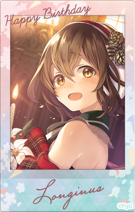 1girl :d brown_eyes brown_hair candle character_name commentary_request copyright_notice cropped_torso double-parted_bangs hair_between_eyes hairband happy_birthday indoors longinus_(phantom_of_the_kill) looking_at_viewer official_alternate_costume official_art open_mouth phantom_of_the_kill pinecone polaroid_photo red_hairband second-party_source smile solo