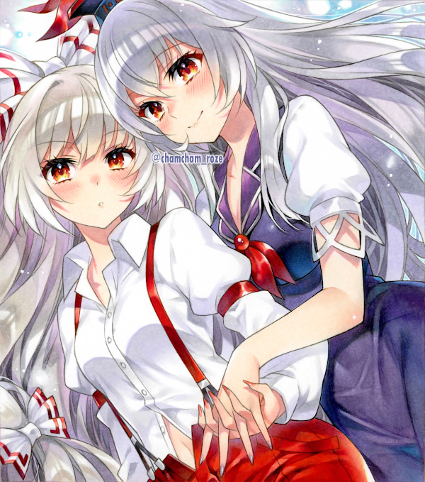 2girls blue_dress blush bow breasts brooch buttons chacham cleavage closed_mouth collared_dress collared_shirt commentary_request cowboy_shot dress dutch_angle fingernails fujiwara_no_mokou grey_hair hair_bow hat holding_hands interlocked_fingers jewelry juliet_sleeves kamishirasawa_keine long_fingernails long_hair long_sleeves looking_at_viewer marker_(medium) multiple_girls multiple_hair_bows nail_polish navel neckerchief pants partial_commentary puffy_short_sleeves puffy_sleeves red_brooch red_eyes red_nails red_neckerchief red_pants ribbon shirt short_sleeves smile suspenders touhou traditional_media twitter_username two-tone_bow very_long_hair white_shirt wing_collar
