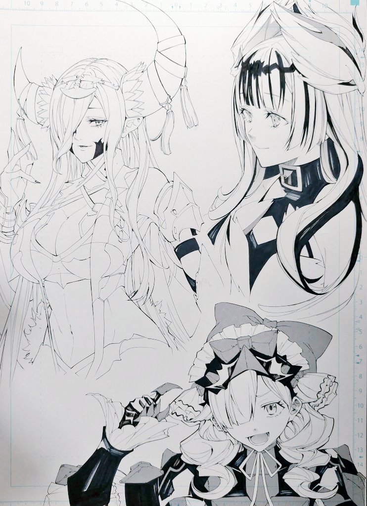 3girls armor asymmetrical_horns bare_shoulders breasts dragon_girl dragon_horns drill_hair fire_emblem fire_emblem_engage frilled_headwear greyscale hair_over_one_eye horns konnichi_warou large_breasts marni_(fire_emblem) monochrome multicolored_hair multiple_girls nintendo split-color_hair uneven_horns veyle_(fire_emblem) zephia_(fire_emblem)