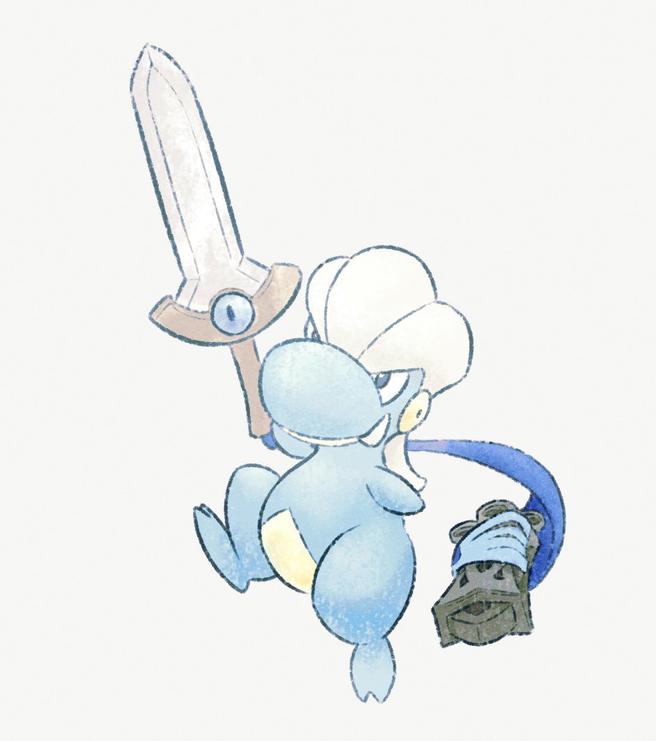 animal_focus bagon black_eyes blue_skin closed_mouth colored_skin fangs fangs_out fireblast gen_3_pokemon gen_6_pokemon holding holding_sword holding_weapon honedge nintendo no_humans one-eyed pokemon pokemon_(creature) simple_background standing standing_on_one_leg sword weapon white_background