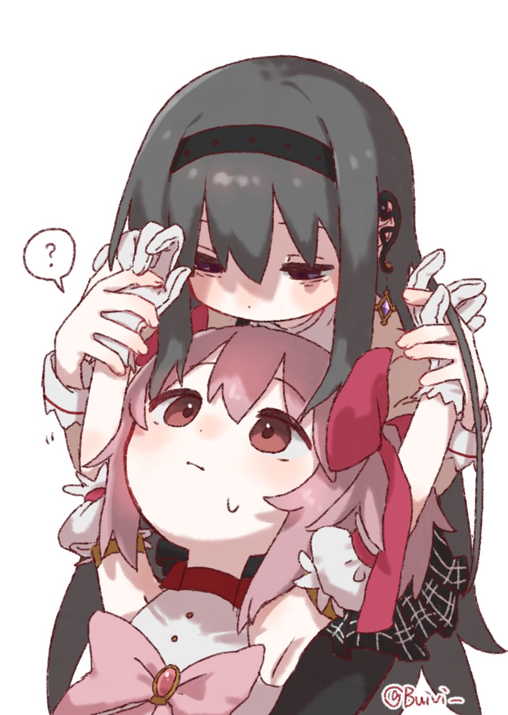 2girls ? akemi_homura armpits black_hair black_hairband bow buivi closed_mouth detached_sleeves earclip gloves hair_bow hairband highres holding_hands kaname_madoka kaname_madoka_(magical_girl) lying_on_lap mahou_shoujo_madoka_magica mahou_shoujo_madoka_magica_(anime) multiple_girls pink_bow pink_eyes pink_hair purple_eyes shaded_face simple_background spoken_question_mark sweat twintails white_background white_gloves yuri