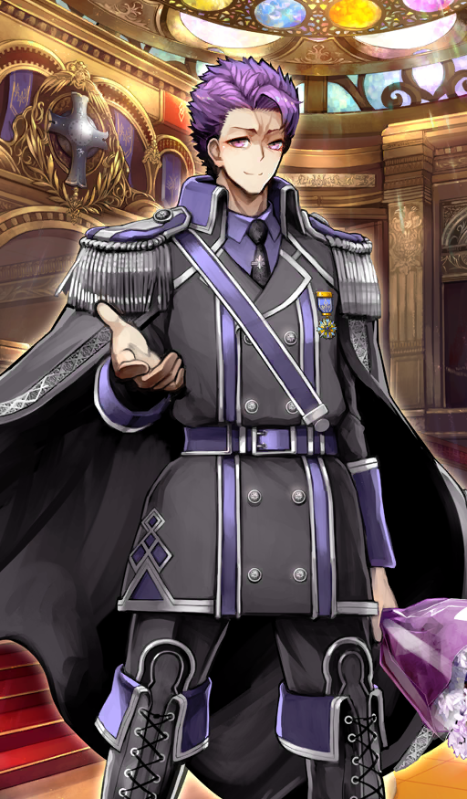 1boy belt belt_buckle black_boots black_cape black_jacket black_necktie black_pants boots bouquet buckle buttons cape closed_mouth collared_shirt commentary double-breasted dress_shirt epaulettes fate/grand_order fate_(series) feet_out_of_frame flower holding holding_bouquet indoors jacket lace-up_boots lancelot_(fate/grand_order) lancelot_(formal_dress)_(fate) light_rays long_sleeves looking_at_viewer lord_camelot_(fate) male_focus medal necktie offering_hand official_art pants purple_belt purple_eyes purple_hair purple_sash purple_shirt sash shimadoriru shirt short_hair shoulder_sash smile solo stained_glass stairs standing thigh_boots third-party_source tie_clip