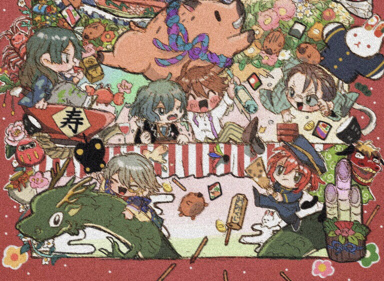 6+boys ^_^ arm_around_shoulder bamboo_shoot black_footwear black_jacket black_sleeves blue_hair blue_hat blue_jacket blue_kimono blue_necktie blue_pants blue_sleeves blush blush_stickers bottle brown_eyes brown_footwear brown_hair brown_pants buttons charlie_(meiji_tokyo_renka) chibi closed_eyes closed_mouth coattails coin collared_jacket collared_shirt commentary_request cup dragon drunk eastern_dragon flower forehead fork from_side frown fujita_gorou full_body glasses green_eyes grey_hair grey_hakama hair_between_eyes hakama handkerchief hands_on_table hat hishida_shunsou holding holding_bottle holding_fork jacket japanese_clothes kawakami_otojirou kimono koizumi_yakumo_(meiji_tokyo_renka) leg_up long_sleeves looking_at_another lying male_focus meiji_tokyo_renka military_uniform monochrome mori_ougai_(meiji_tokyo_renka) multiple_boys necktie object_request on_stomach one_eye_closed open_mouth oversized_object pants peaked_cap peony_(flower) pig pink_flower plaid_clothes plaid_kimono plaid_sleeves purple_necktie red_hair round_eyewear sakazuki sandals shirt shoes short_hair short_kimono smile socks striped_clothes striped_pants sugi_haeru sweat table undone_necktie v-shaped_eyebrows vertical-striped_clothes vertical-striped_pants wavy_mouth white_shirt white_sleeves white_socks wide_sleeves wine_bottle yellow-framed_eyewear zouri