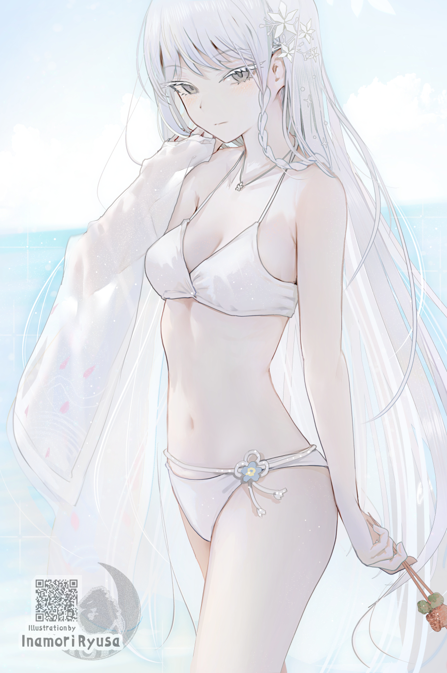 1girl artist_logo artist_name bikini blue_archive braid breasts cleavage colored_eyelashes cowboy_shot expressionless flower grey_eyes hair_flower hair_ornament highres holding holding_flower inaeda_kei jewelry linea_alba logo long_hair looking_at_viewer medium_breasts nagusa_(blue_archive) nagusa_(swimsuit)_(blue_archive) navel necklace ocean official_alternate_costume outdoors qr_code sarong solo swimsuit very_long_hair white_bikini white_eyelashes white_flower white_hair white_sarong