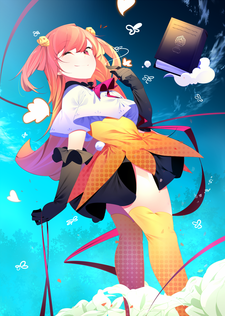 1girl benio_(dontsugel) black_dress black_gloves book capelet dress elbow_gloves gloves highres layered_dress long_hair one_eye_closed orange_eyes orange_hair original polka_dot polka_dot_dress polka_dot_thighhighs short_dress short_twintails solo thighhighs twintails white_capelet yellow_dress yellow_thighhighs